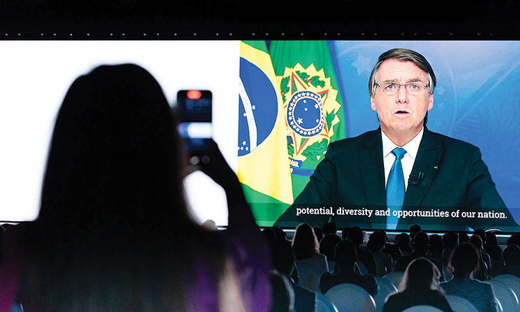 Jair Bolsonaro, President of Brazil speaks during the event.