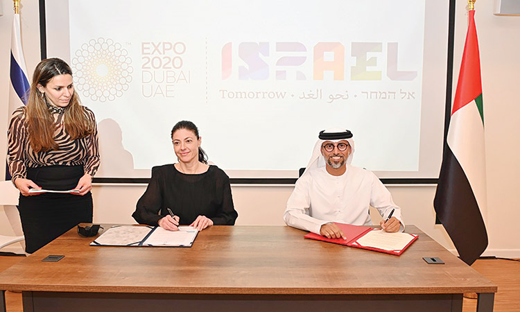 Suhail Bin Mohammed Al Mazrouei and Merav Michaeli during the MoU signing ceremony in Abu Dhabi.