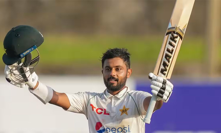 Pakistan's Saud Shakeel celebrates scoring a double century during the third day of the first cricket test match between Sri Lanka and Pakistan in Galle, Sri Lanka.