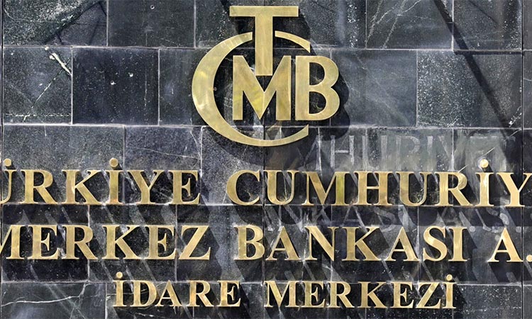 The logo of Turkey's central bank seen at the entrance of its headquarters in Ankara. (AFP)