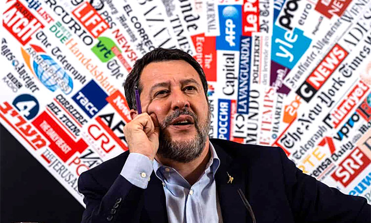 Matteo Salvini, Deputy Prime Minister and Minister of Infrastructure and Transport, speaks to the media at the Foreign Press club headquarters in Rome. 