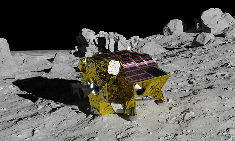 An illustration of Smart Lander for Investigating Moon (SLIM) in a possible position on the moon.
