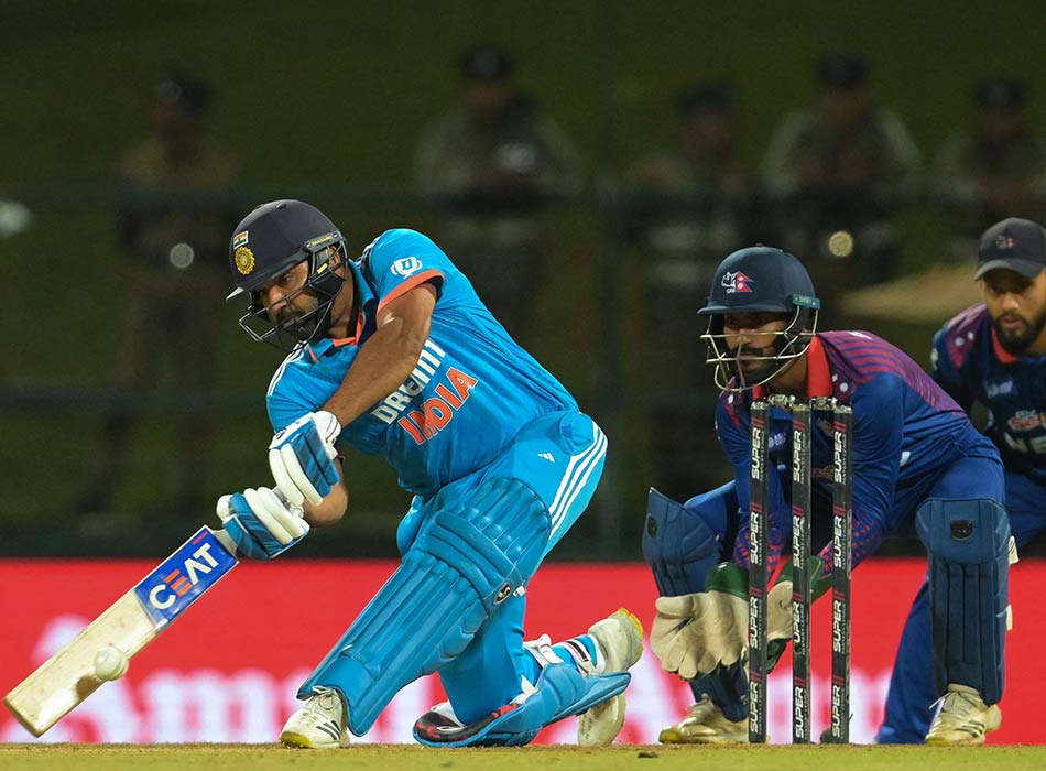 India's captain Rohit Sharma plays a shot during their Asia Cup 2023 match against Nepal at the Pallekele International Cricket Stadium in Kandy on Monday. AFP