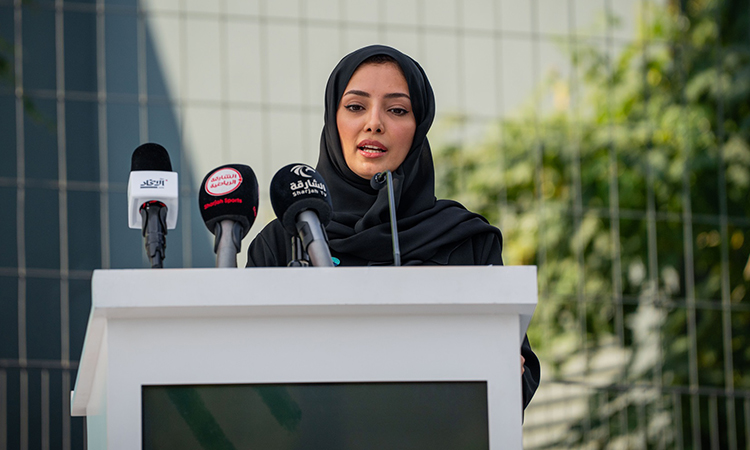 Noura Ali Al Shamsi, Manager of Arab Women Sports Tournament, speaks during a press conference.