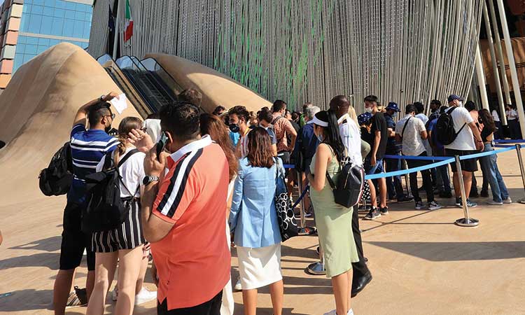Visitors gather around the Italian pavilion at the Expo 2020 Dubai.
