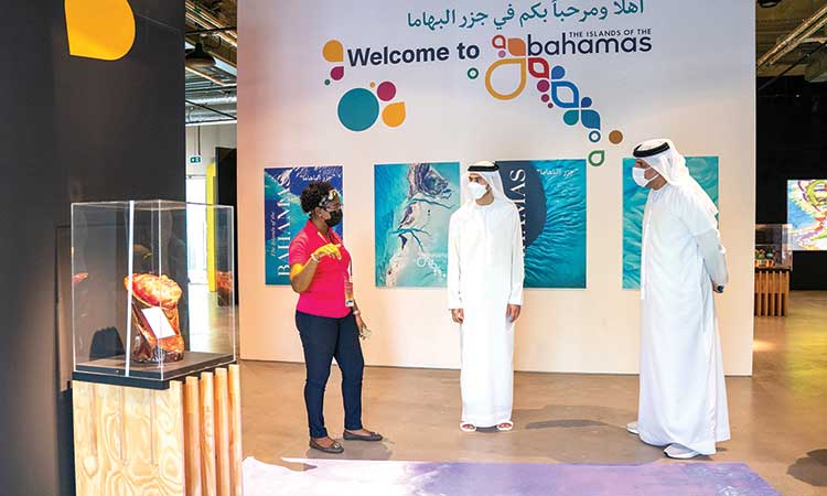 Mohamed Bin Hadi Al Hussaini gets a briefing at the Bahamian pavilion at Expo 2020 Dubai.