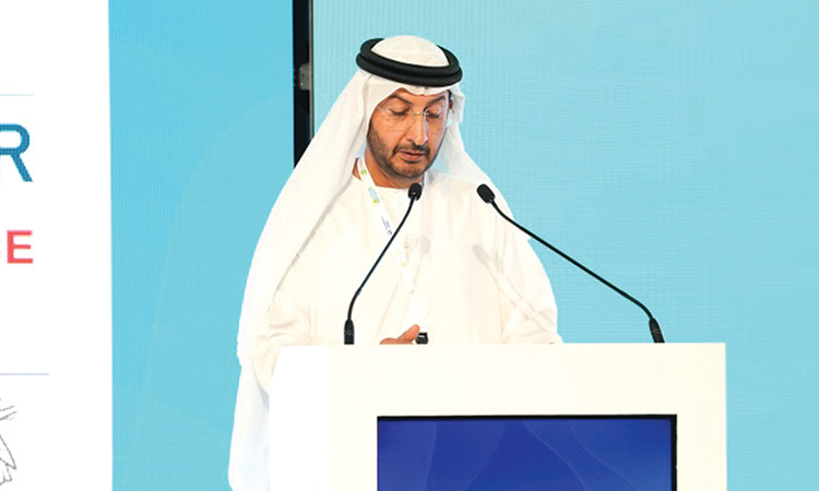 Abdulla Al Saleh delivers the opening address at the Future Food Forum on Wednesday in Dubai.
