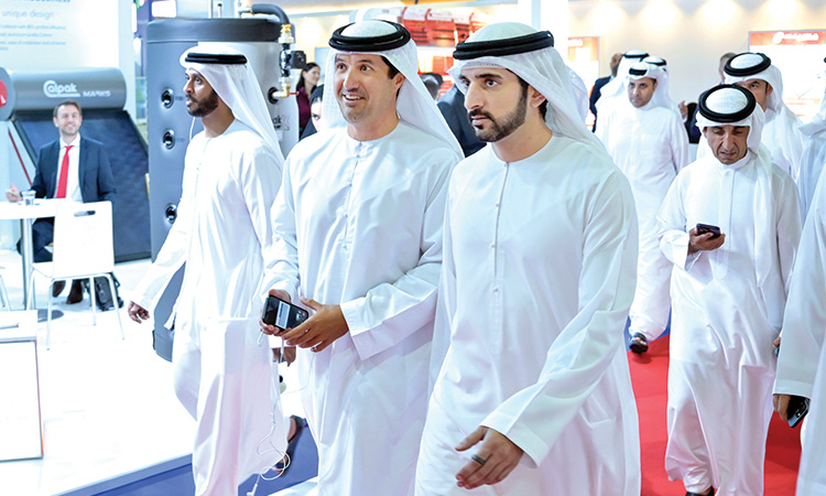 Sheikh Hamdan during his tour of the the Big 5 exhibition on Wednesday.