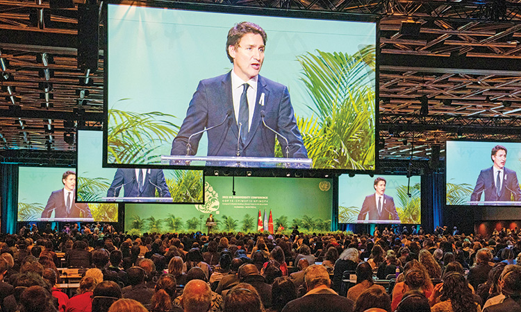 Canadian Prime Minister Justin Trudeau addresses the opening ceremony of COP15, the UN Biodiversity Conference in Montreal, on Tuesday. Associated Press