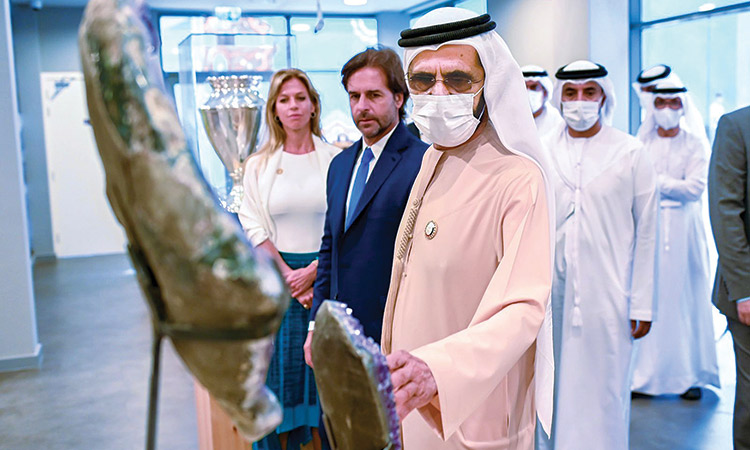 Sheikh Mohammed meets Luis Lacalle Pou at Expo 2020 Dubai on Monday.
