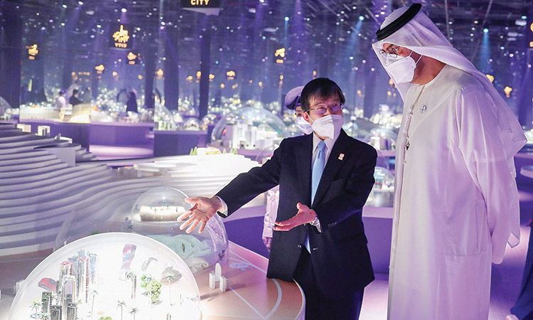 Dr Sultan Ahmed Al Jaber is being briefed during his visit to the Japan Pavilion at the Expo 2020 Dubai on Friday.