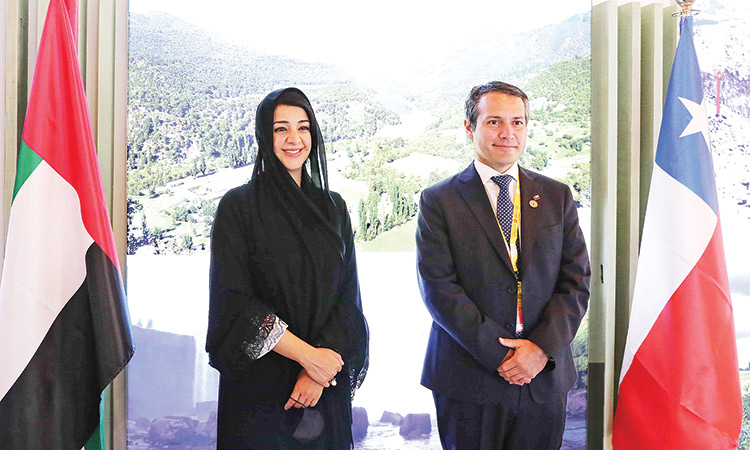 Reem Al Hashimi, Minister of State for International Cooperation, with Rodrigo Yanez at the Chile pavilion in Expo 2020 Dubai.