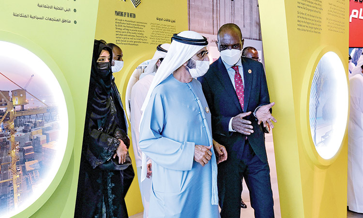 Sheikh Mohammed meets Carlos Agostinho do Rosário at the country’s pavilion at Expo 2020 Dubai on Tuesday.