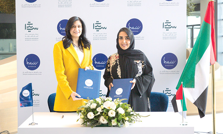 Sheikha Hind Bint Majid Al Qasimi and Najla Al Midfa during the MoU signing ceremony in Sharjah.