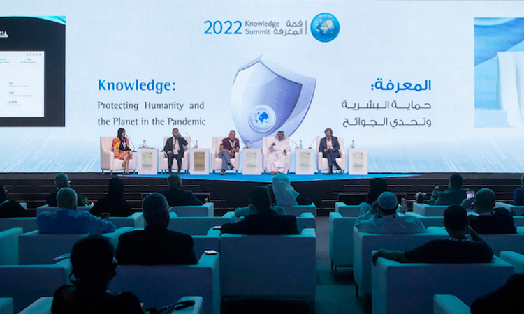 A panel discussion is in progress at the Knowledge Summit in Dubai on Tuesday.
