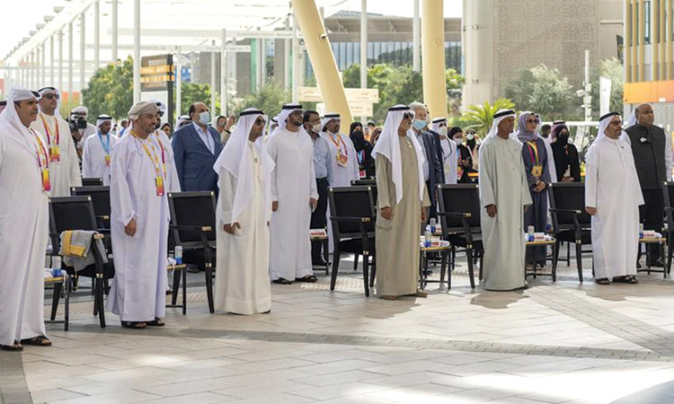 Sheikh Nahyan Bin Mubarak Al Nahyan, Dr Nayef Falah Al-Hajraf and other officials mark the Honour Day at the Expo 2020 Dubai on Thursday.