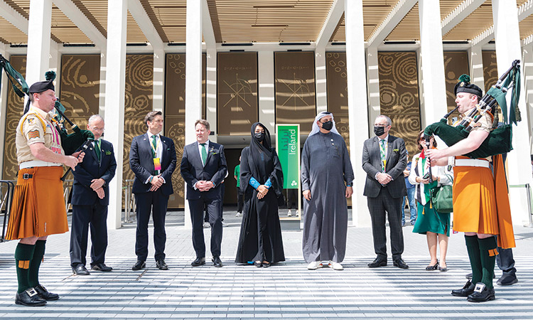 Reem Al Hashimy, Darragh O’Brien, Najeeb Mohammed Al-Ali outside the Ireland Pavilion during the Ireland National Day celebrations at Expo 2020 Dubai.