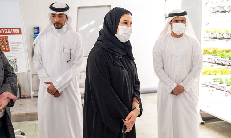 Sarah Al Amiri is being briefed during her visit to the VeggiTech farm in Al Zubair, Sharjah.