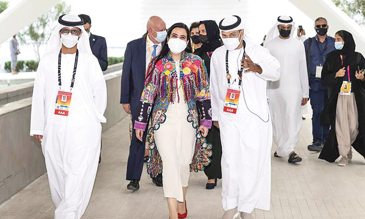 Anayansy Rodriguez (centre) at the UAE Pavilion during the Guatemala National Day celebrations in Expo 2020 Dubai. WAM