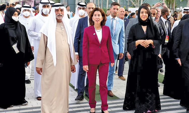 Sheikh Nahyan Bin Mubarak Al Nahyan, Gina M Raimondo and other officials at the Expo 2020 Dubai.