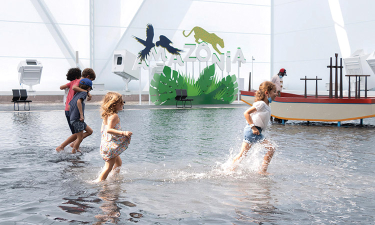 Children enjoying at the Water Plaza in Brazil Pavilion at Expo 2020 Dubai.