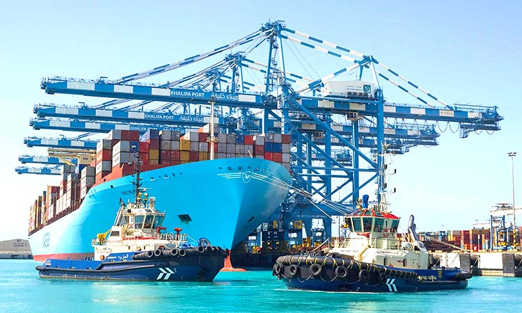 A cargo ship is being loaded with containers at the Khalifa Port in Abu Dhabi.
