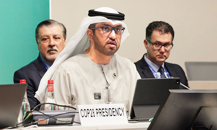 Dr Sultan Bin Ahmed Al Jaber speaks during a session at COP28 in Dubai  on Saturday.