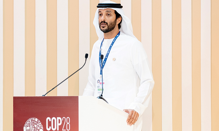 Abdullah Bin Touq Al Marri speaks   at COP28 in Dubai.