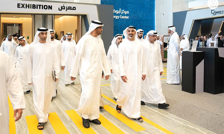 Sheikh Khalid takes a tour of Make it  in Emirates exhibition in Abu Dhabi on Wednesday.