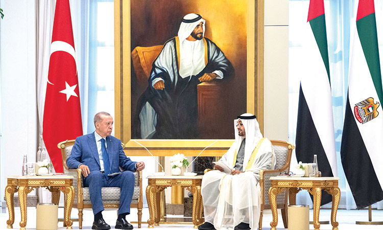 His Highness Sheikh Mohamed Bin Zayed Al Nahyan holds talks with the Turkish President  Recep Tayyip Erdogan at Qasr Al Watan in Abu Dhabi on Wednesday.  WAM
