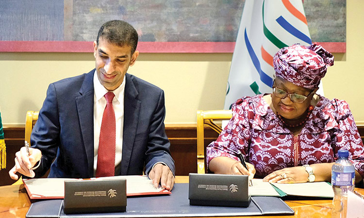 Al Zeyoudi at the signing ceremony with Ngozi Okonjo-Iweala in Geneva on Monday.