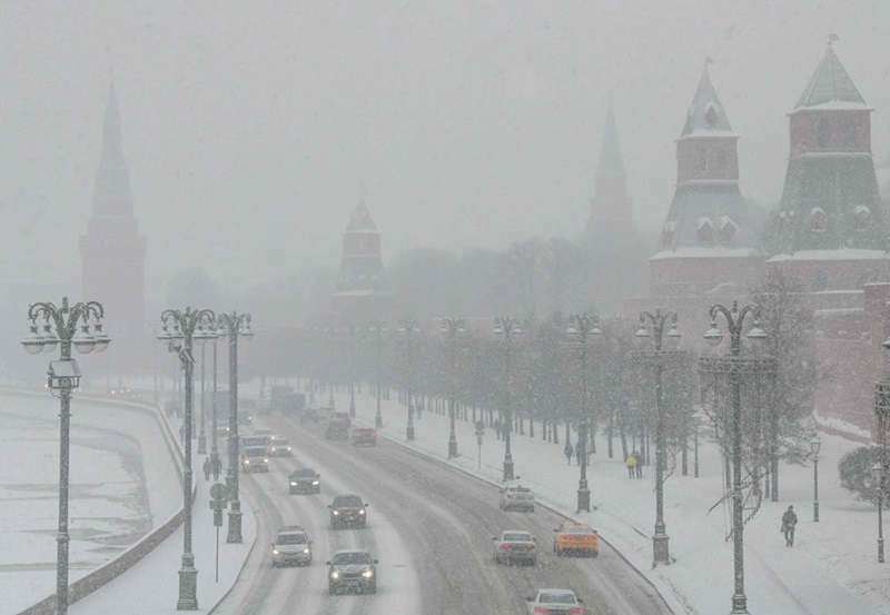 A photograph taken on Sunday shows the Kremlin and the Red Square during a heavy snowfall in Moscow.