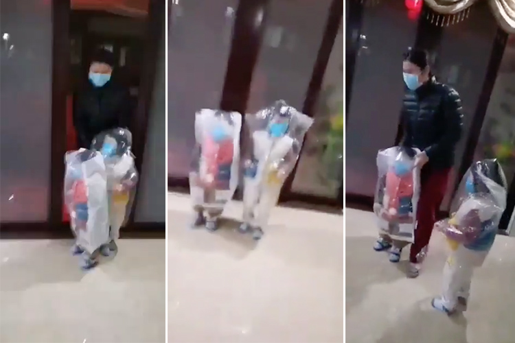 VIDEO: Chinese mother wraps kids in plastic bags over coronavirus fears ...