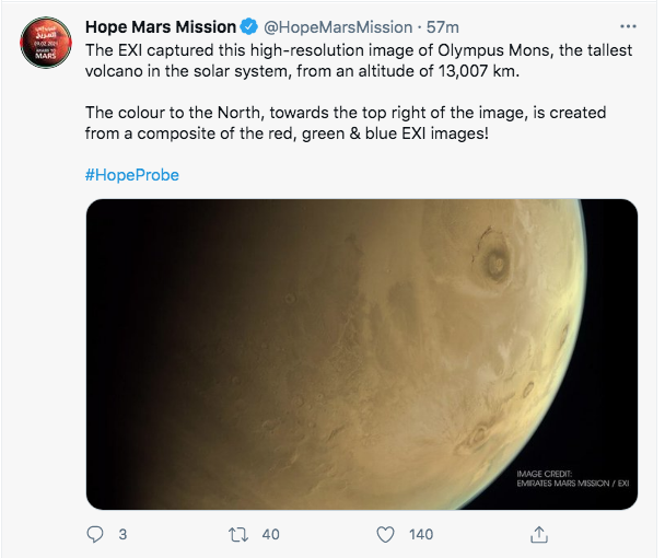 Hope Mission team tweet on Olympus