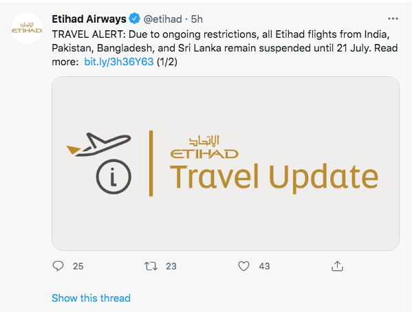 Etihad tweet on flight ban