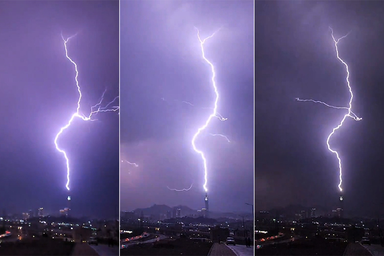 A combo image shows the lightning strike at the Clock Tower in Makkah, Saudi Arabia. 