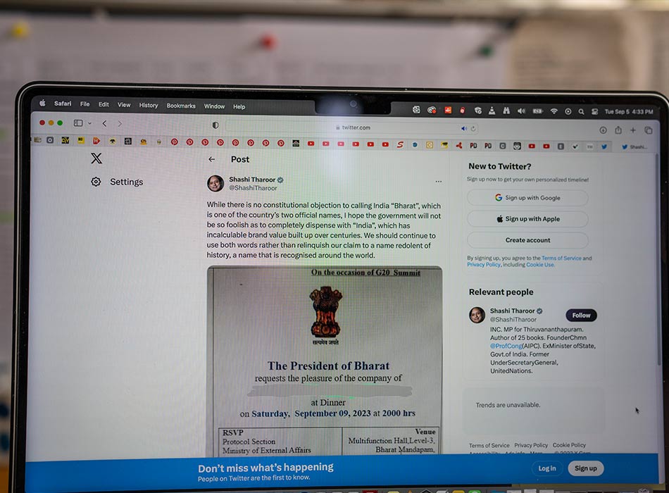 The Twitter page of Congress leader Shashi Tharoor shows an invitation from the President of India reading as President of Bharat, in New Delhi, on Tuesday. AP