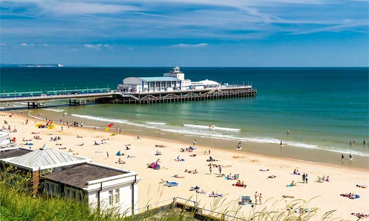 A view of the Bournemouth beach on the south coast of England.