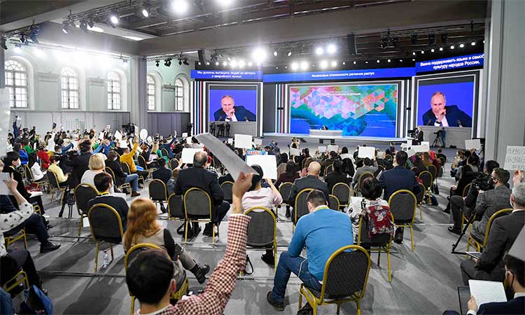 Russian President Vladimir Putin holds his annual press conference at the Manezh exhibition hall in central Moscow. 