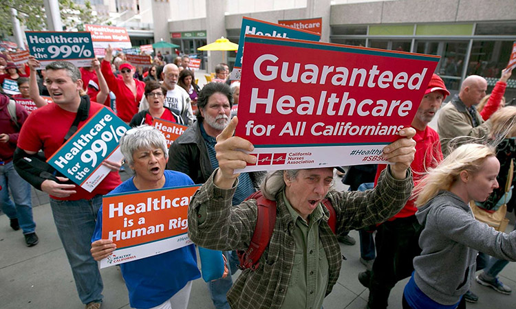 Supporters of single-payer health care march to the Capitol, in Sacramento, California. File/Associated Press