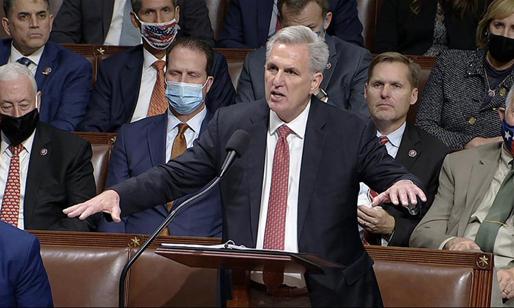 House Minority Leader Kevin McCarthy of California speaks on the House floor during debate on the Democrats’ expansive social and environment bill at the US Capitol in Washington. File/Associated Press