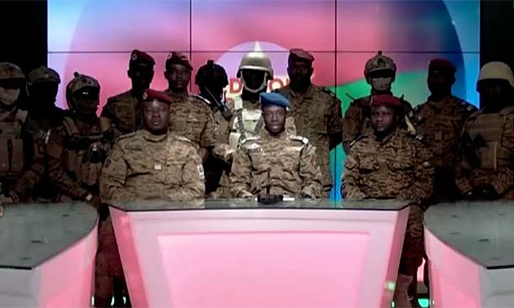 Captain Sidsore Kader Ouedraogo, spokesman for the Patriotic Movement for Safeguarding and Restoration, announces that the army has taken control of the country in Ouagadougou, Burkina Faso. Reuters 