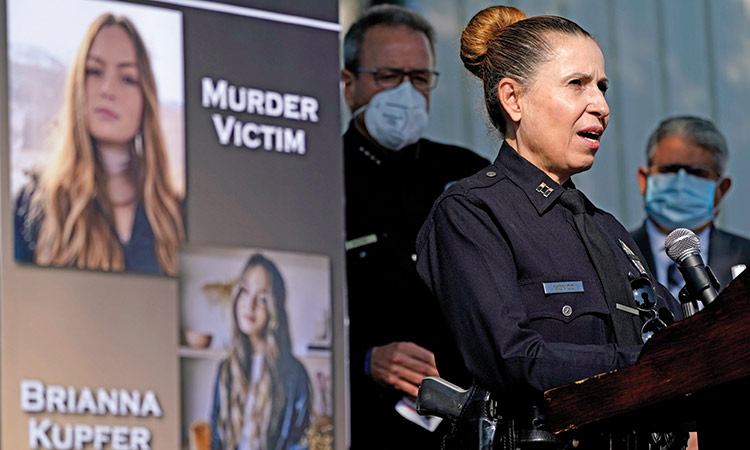 Los Angeles Police Department Capt. Sonia Monico speaks at a news conference in Los Angeles, about the murder of 24-year-old Brianna Kupfer. Associated Press
