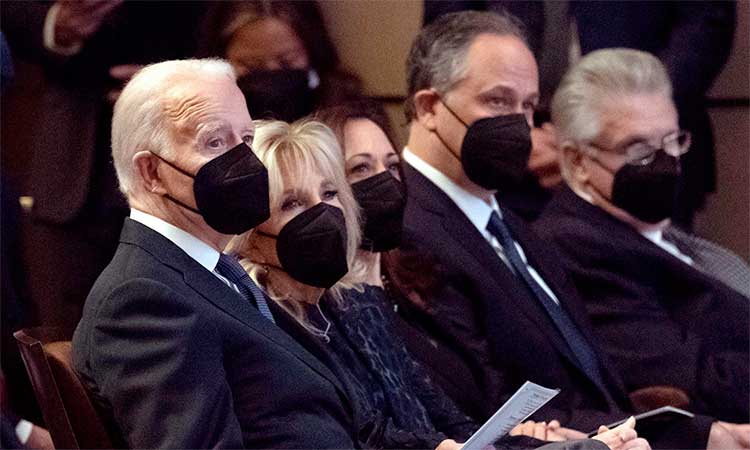 From left: Joe Biden, First Lady Jill Biden, Kamala Harris and Doug Emhoff attend a memorial service for US Senate Majority Leader Harry Reid at The Smith Center for the Performing Arts in Las Vegas, Nevada, on Saturday.   Agence France-Presse