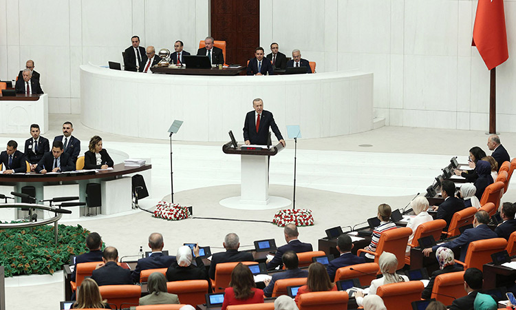 Turkish President Recep Tayyip Erdogan addresses the parliament to mark the opening of the new legislative year at the Grand National Assembly of Turkey in Ankara, on Saturday.     Agence France-Presse
