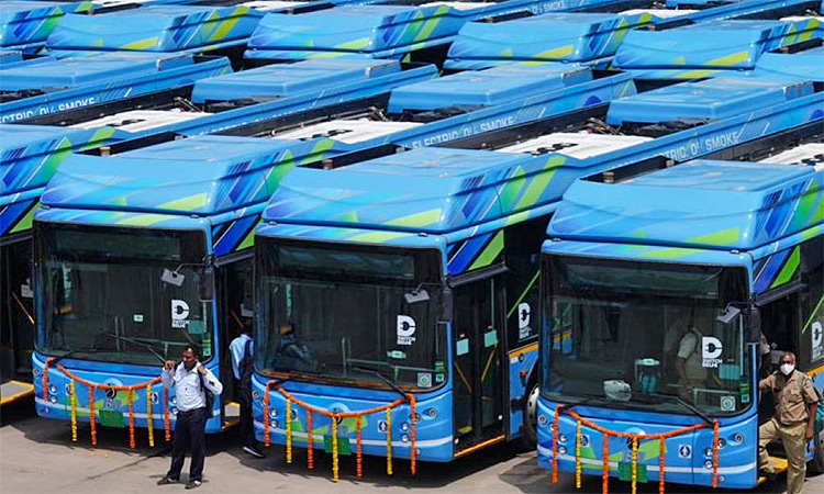Electric buses parked at IP Extention bus depot prior to the flagging off ceremony. (Image via Twitter)
