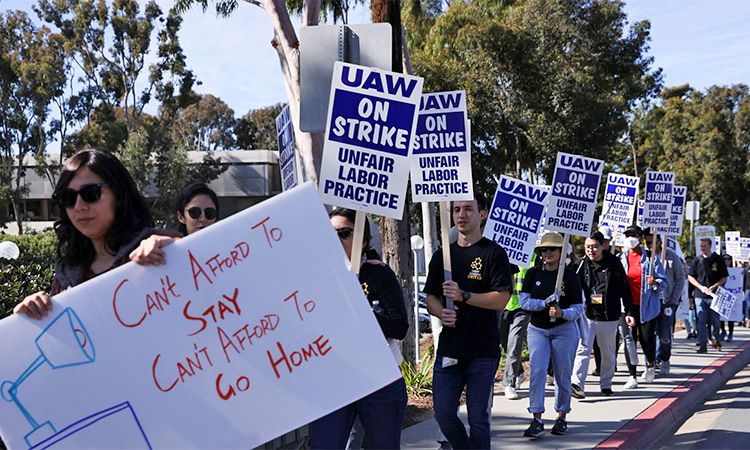 Academic workers at UC San Diego walk out as thousands of employees at the University of California campuses have gone on strike in an effort to secure improved pay and working conditions in San Diego, California. Reuters