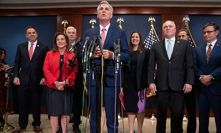 Kevin McCarthy speaks during a news conference with members of the House Republican leadership after voting on top House Republican leadership positions, on Capitol Hill in Washington.  Associated Press