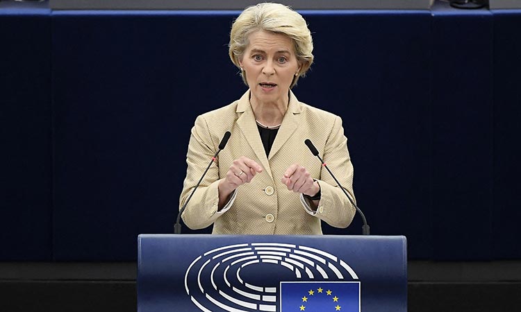European Commission President Ursula von der Leyen delivers a speech during a preparatory debate on the eve of the European Council Meeting, at the European Parliament in Strasbourg, eastern France on Dec.14, 2022. AFP
