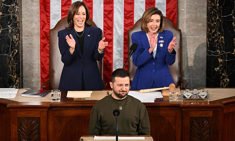 Ukraine’s President Volodymyr Zelensky addresses the US Congress as US Vice President Kamala Harris (left) and US House Speaker Nancy Pelosi (D-CA) applaud at the US Capitol in Washington, DC on Wednesday. AFP